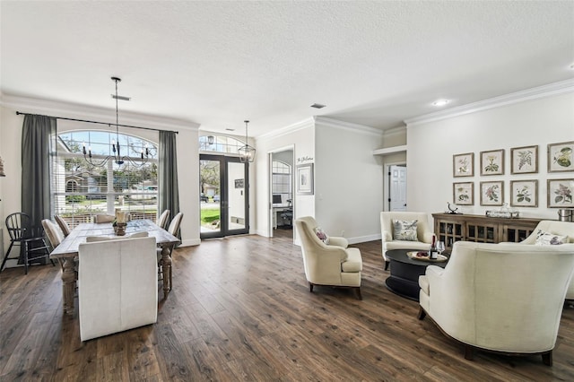 1301 Jen Ma Jo Ln, Lutz, FL 33549 - living room with a chandelier, dark wood-type flooring, ornamental molding, recessed lighting, and a textured ceiling