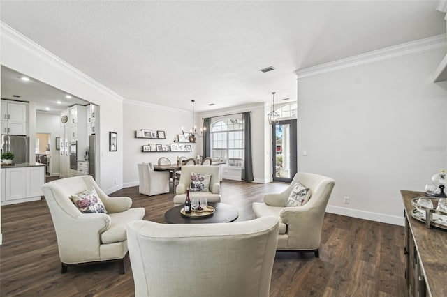 1301 Jen Ma Jo Ln, Lutz, FL 33549 - living area featuring ornamental molding, a chandelier, dark wood-style floors, and recessed lighting