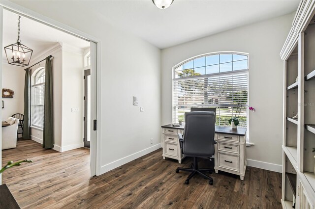 1301 Jen Ma Jo Ln, Lutz, FL 33549 - office featuring a chandelier and dark wood-style floors