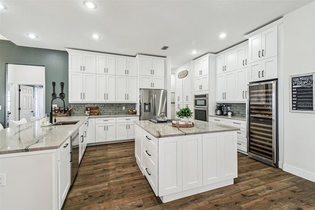 1301 Jen Ma Jo Ln, Lutz, FL 33549 - kitchen with beverage cooler, stainless steel appliances, tasteful backsplash, dark wood-style flooring, and a peninsula