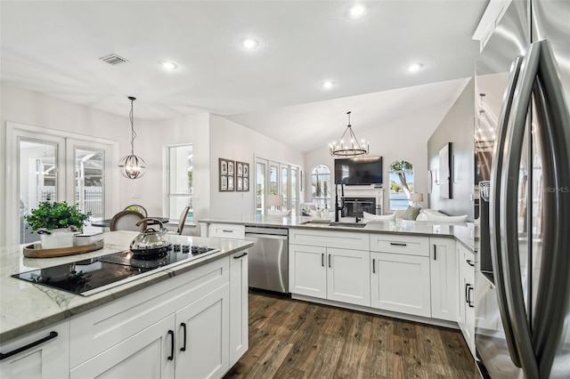 1301 Jen Ma Jo Ln, Lutz, FL 33549 - kitchen featuring appliances with stainless steel finishes, a chandelier, a peninsula, dark wood-type flooring, and white cabinets