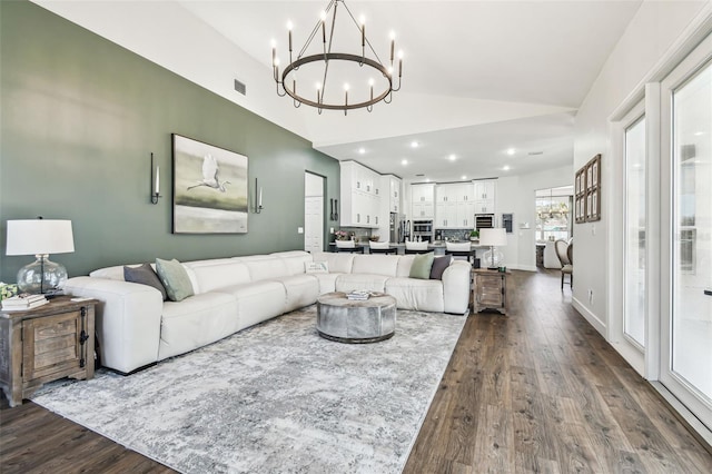 1301 Jen Ma Jo Ln, Lutz, FL 33549 - living room with a chandelier, dark wood finished floors, recessed lighting, and high vaulted ceiling