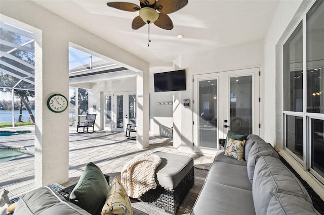 1301 Jen Ma Jo Ln, Lutz, FL 33549 - view of patio / terrace featuring french doors, an outdoor hangout area, a ceiling fan, an outdoor pool, and glass enclosure