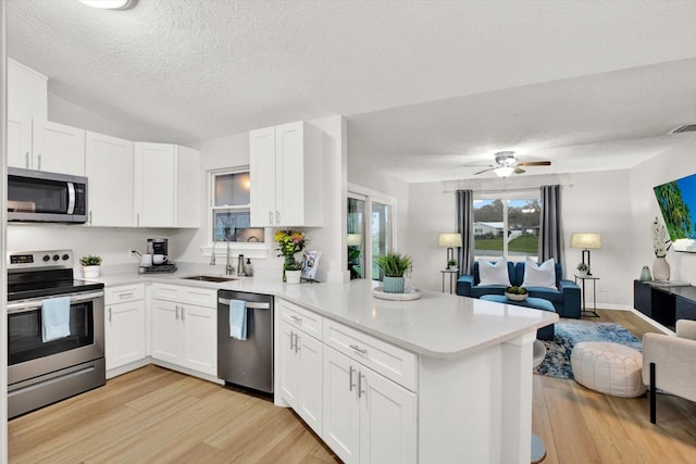 kitchen featuring appliances with stainless steel finishes, open floor plan, white cabinetry, and a peninsula