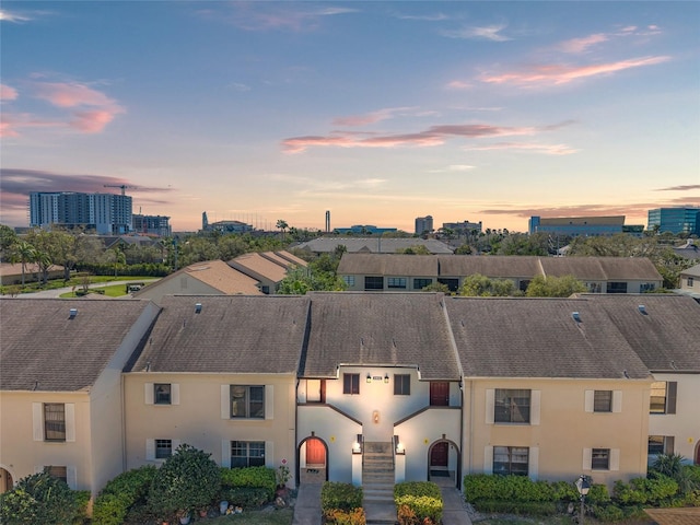 view of aerial view at dusk