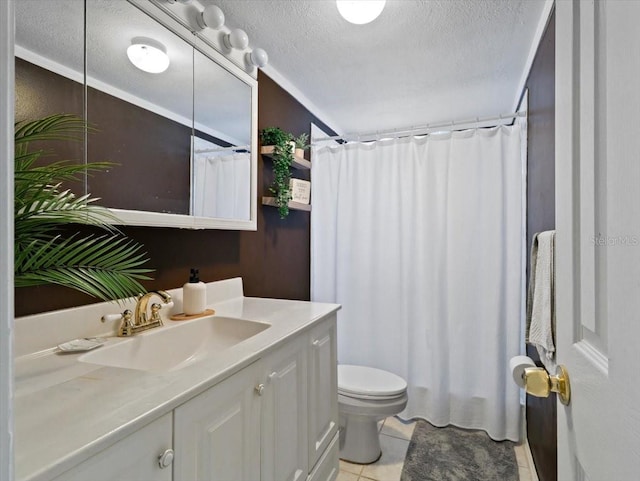 full bathroom featuring curtained shower, toilet, a textured ceiling, vanity, and tile patterned flooring