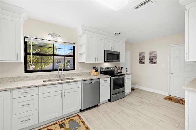 kitchen with visible vents, a sink, appliances with stainless steel finishes, white cabinets, and light wood finished floors