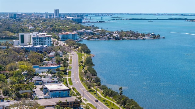 aerial view featuring a water view