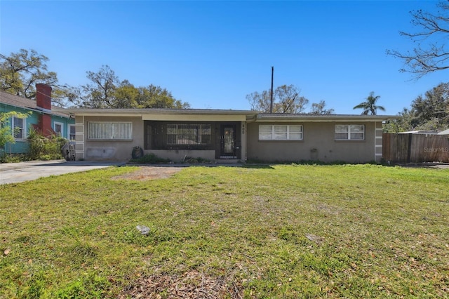 single story home with stucco siding, a front lawn, and fence