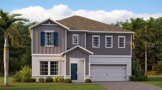 view of front facade with a garage, a shingled roof, decorative driveway, a front lawn, and board and batten siding