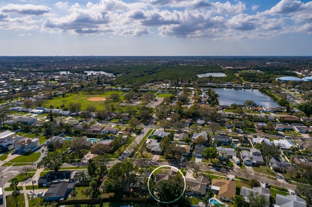 aerial view with a water view and a residential view