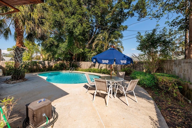 view of pool with outdoor dining space, a patio area, a fenced backyard, and a fenced in pool