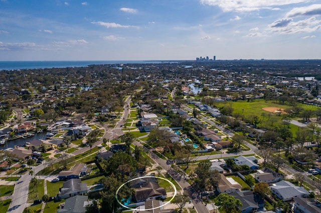 drone / aerial view featuring a water view