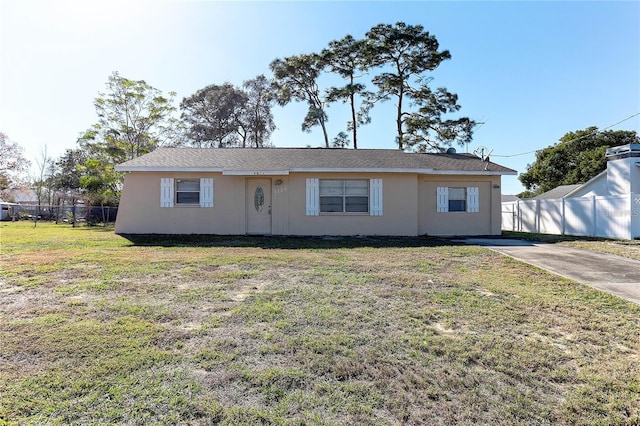 single story home featuring a front yard, fence, and stucco siding