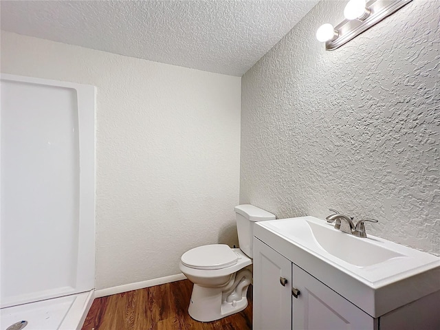 bathroom featuring a textured wall, vanity, a textured ceiling, and wood finished floors