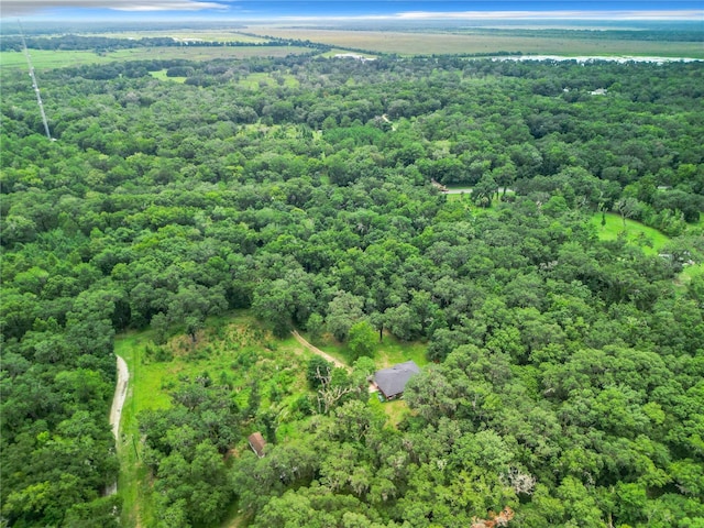 drone / aerial view featuring a view of trees