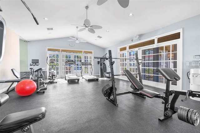 exercise room featuring recessed lighting, visible vents, vaulted ceiling, and french doors