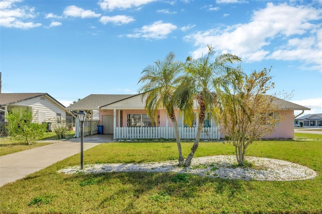 view of front of property featuring a carport, a front yard, fence, and driveway