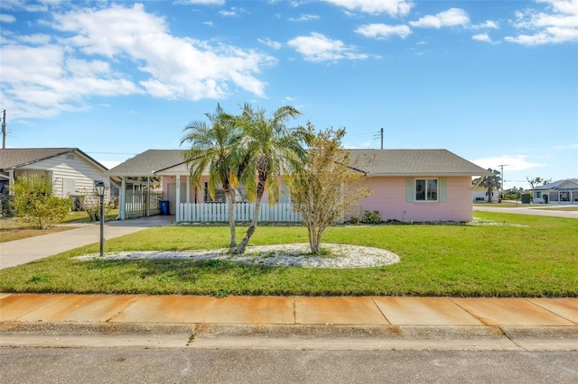 view of front of home featuring driveway, a carport, a front lawn, and fence