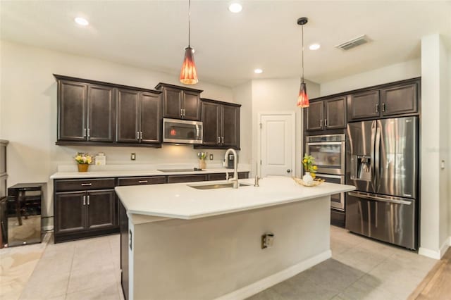 kitchen with a sink, visible vents, appliances with stainless steel finishes, and dark brown cabinets