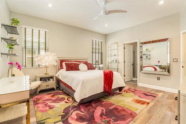 bedroom featuring multiple windows, wood finished floors, recessed lighting, and ceiling fan