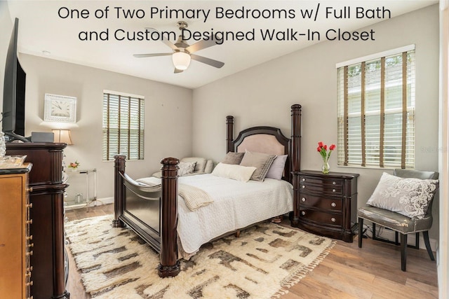 bedroom with light wood-type flooring and ceiling fan