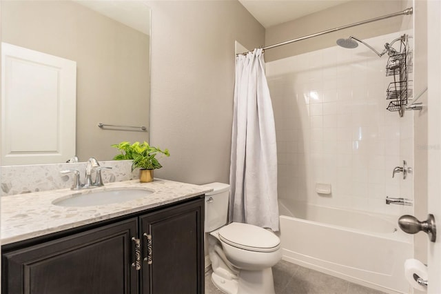 bathroom featuring tile patterned floors, shower / bathtub combination with curtain, toilet, and vanity