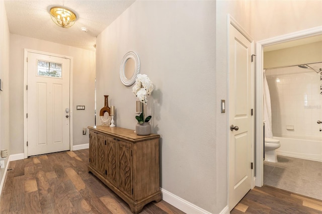 foyer with baseboards and wood finished floors