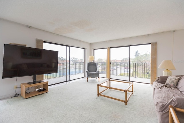 living room featuring carpet flooring, plenty of natural light, and a textured ceiling