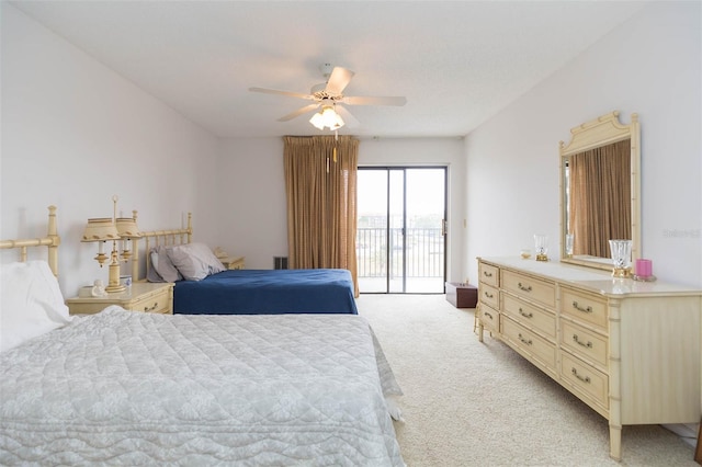 bedroom featuring a ceiling fan, light colored carpet, and access to exterior