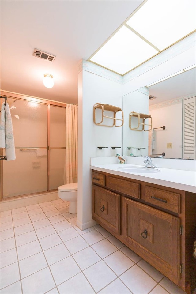 bathroom featuring tile patterned flooring, toilet, vanity, visible vents, and a shower stall