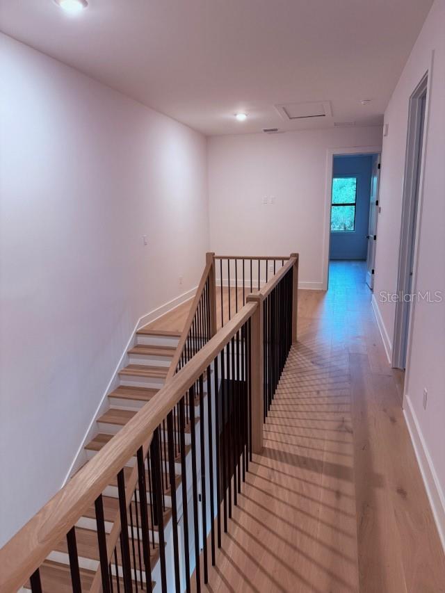 418 W Frances Ave Unit 2, Tampa, FL 33602 - hall with wood finished floors, an upstairs landing, baseboards, attic access, and recessed lighting