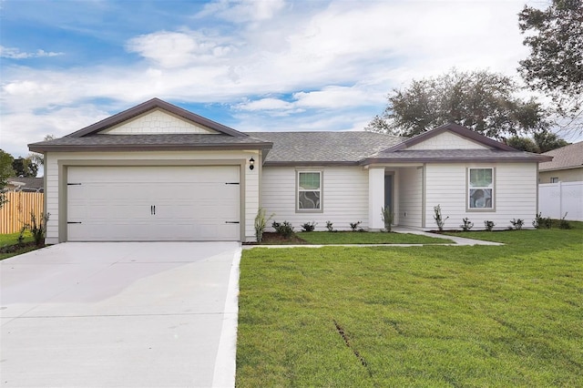 single story home featuring a shingled roof, an attached garage, a front yard, fence, and driveway