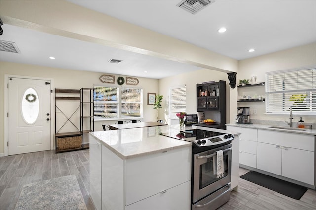 kitchen with visible vents, a sink, electric range, and white cabinetry