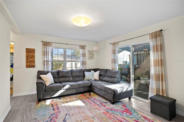 living room with a textured ceiling, wood finished floors, and baseboards