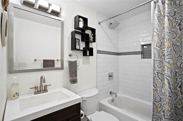 full bathroom with a textured wall, a textured ceiling, toilet, and shower / bath combo with shower curtain