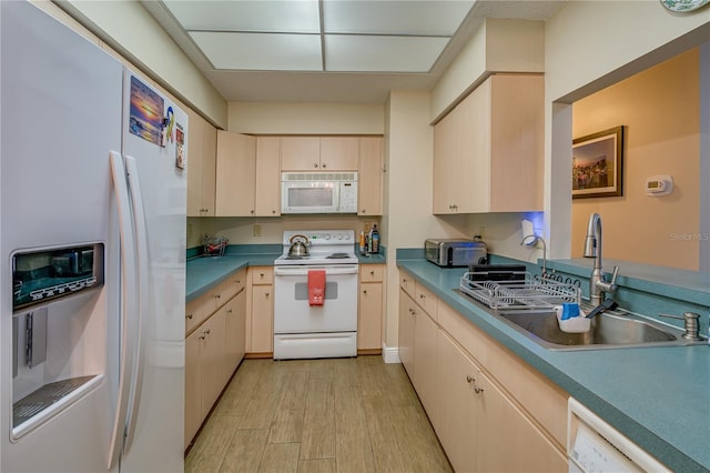 kitchen with white appliances, light wood finished floors, a sink, and light countertops