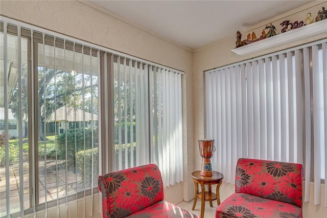 living area featuring ornamental molding and plenty of natural light