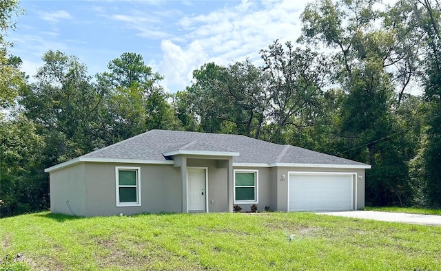 ranch-style house with an attached garage, a front lawn, concrete driveway, and stucco siding