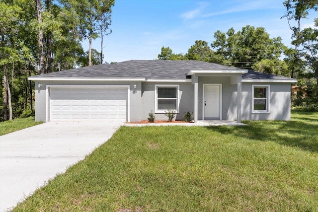 ranch-style house featuring concrete driveway, an attached garage, a front lawn, and stucco siding