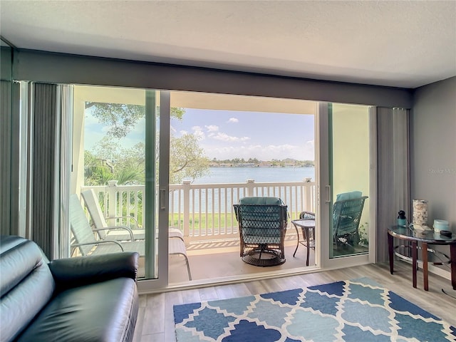 entryway featuring light wood-style floors, a water view, and a textured ceiling