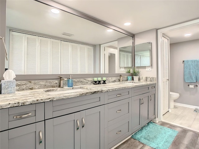 full bathroom with a sink, double vanity, a closet, and wood finished floors