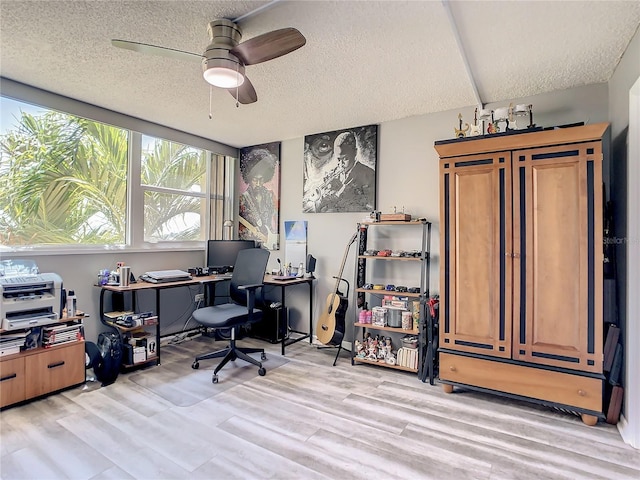 office area with a textured ceiling, a ceiling fan, and light wood-style floors