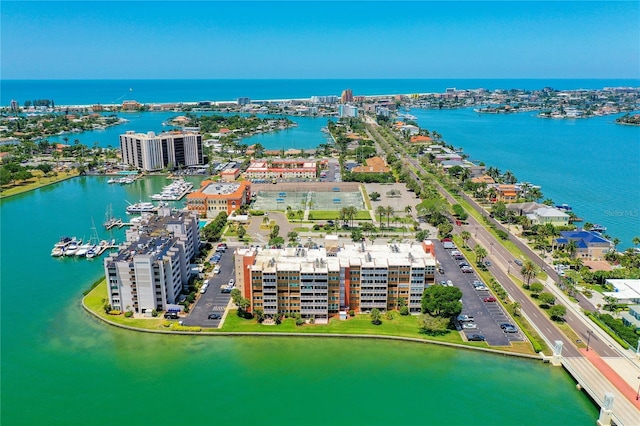 drone / aerial view with a water view and a city view