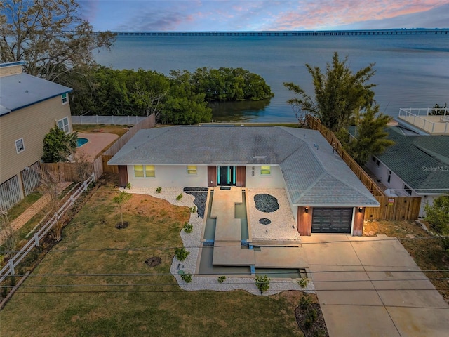 aerial view featuring a water view