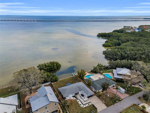 drone / aerial view featuring a water view