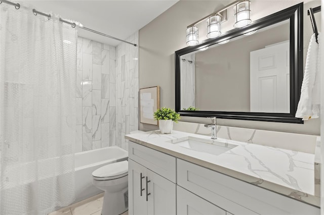 full bath with toilet, tile patterned flooring, shower / bath combination with curtain, and vanity