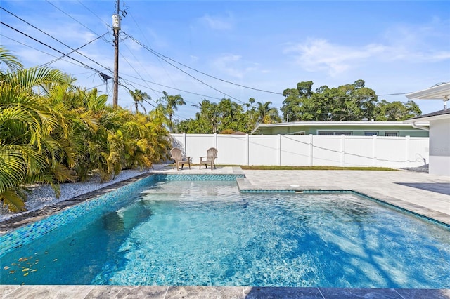 view of swimming pool with a fenced backyard, a fenced in pool, and a patio