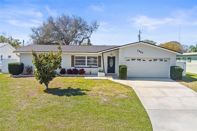 ranch-style house featuring a garage, concrete driveway, a front lawn, and fence