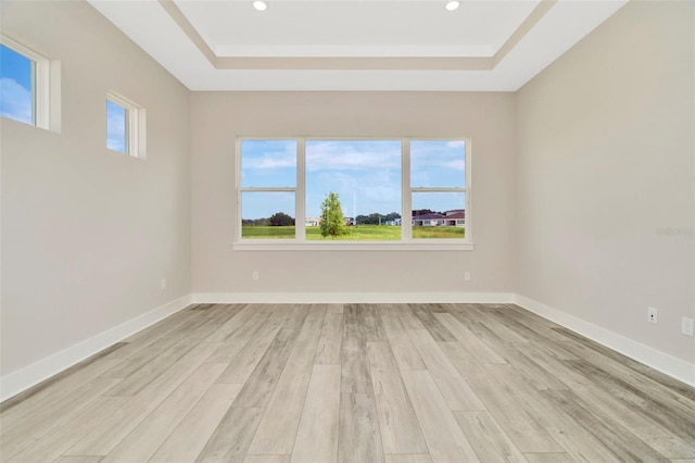 10714 Torchwood Sea Way, San Antonio, FL 33576 - spare room featuring baseboards, a tray ceiling, light wood-style flooring, and recessed lighting